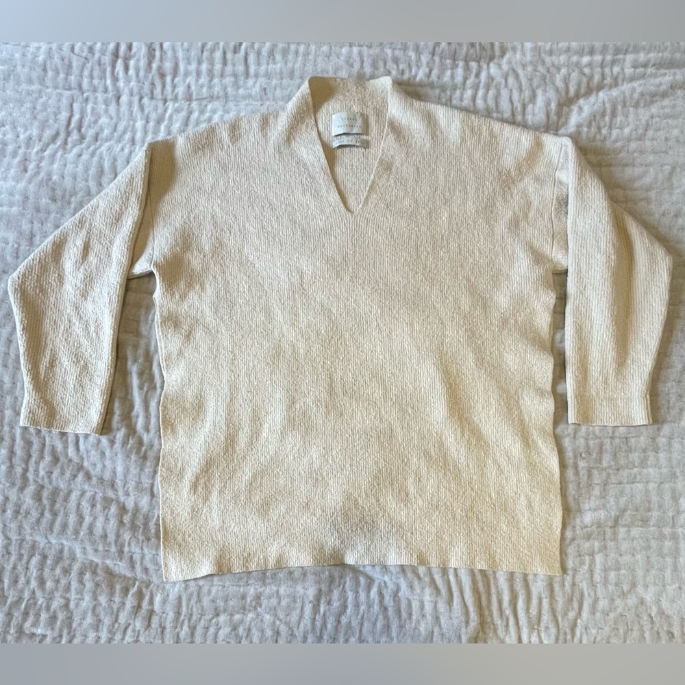LAUREN MANOOGIAN Rib V Neck Pullover Boxy High Low Cropped Back Hem Iconic 2 M - Picture 9 of 16